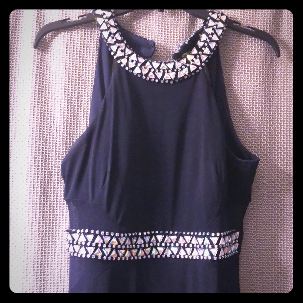 Beautiful navy blue halter top long prom dress